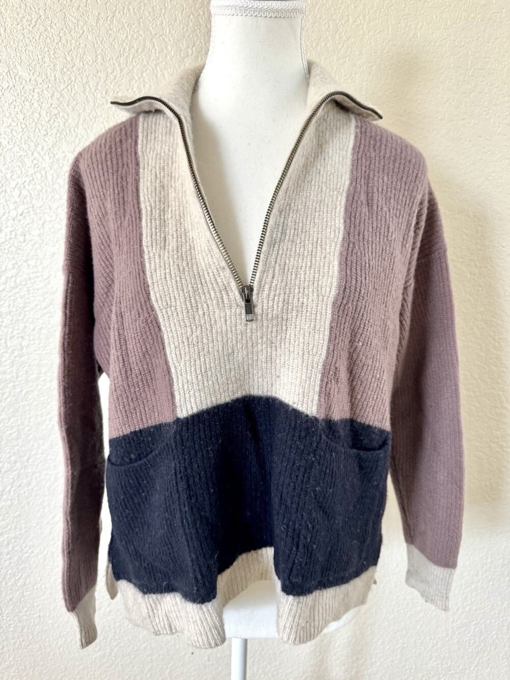 Madewell Glenbrook Sweater Small Merino Wool Colorblock 1/2 Zip Pullover Pockets